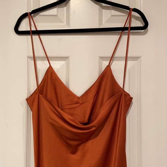 Pretty burnt orange silky spaghetti strap dress with two side slits going up leg - Picture 5 of 9